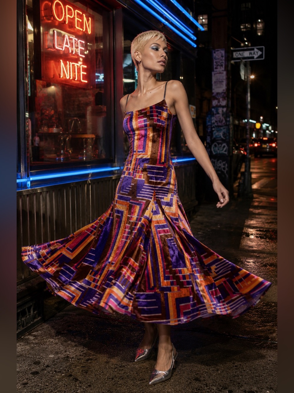 Vintage Psychedelic Geometric Velvet Maxi Dress Purple Orange